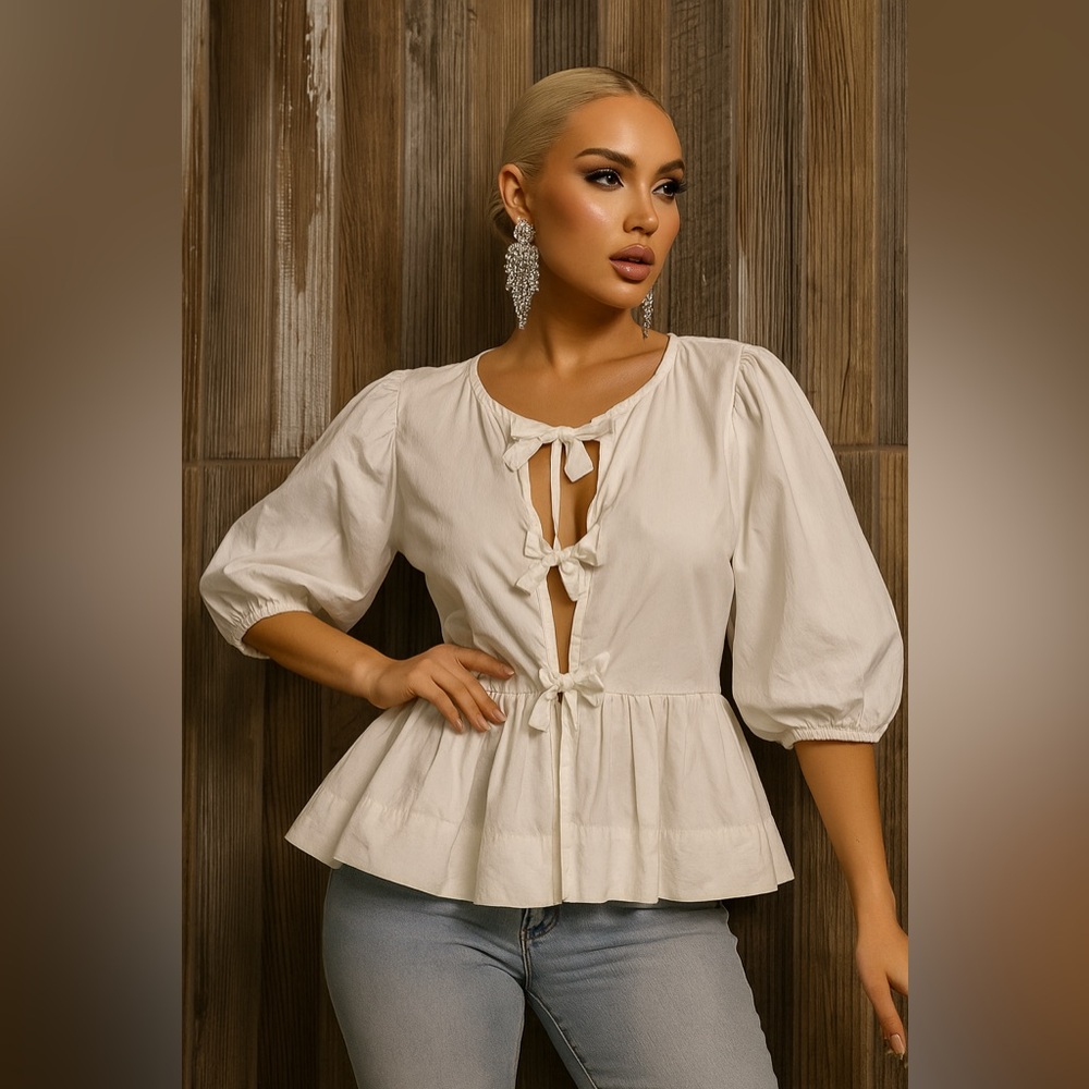 🎁White Women's Peplum style tie-front blouse
